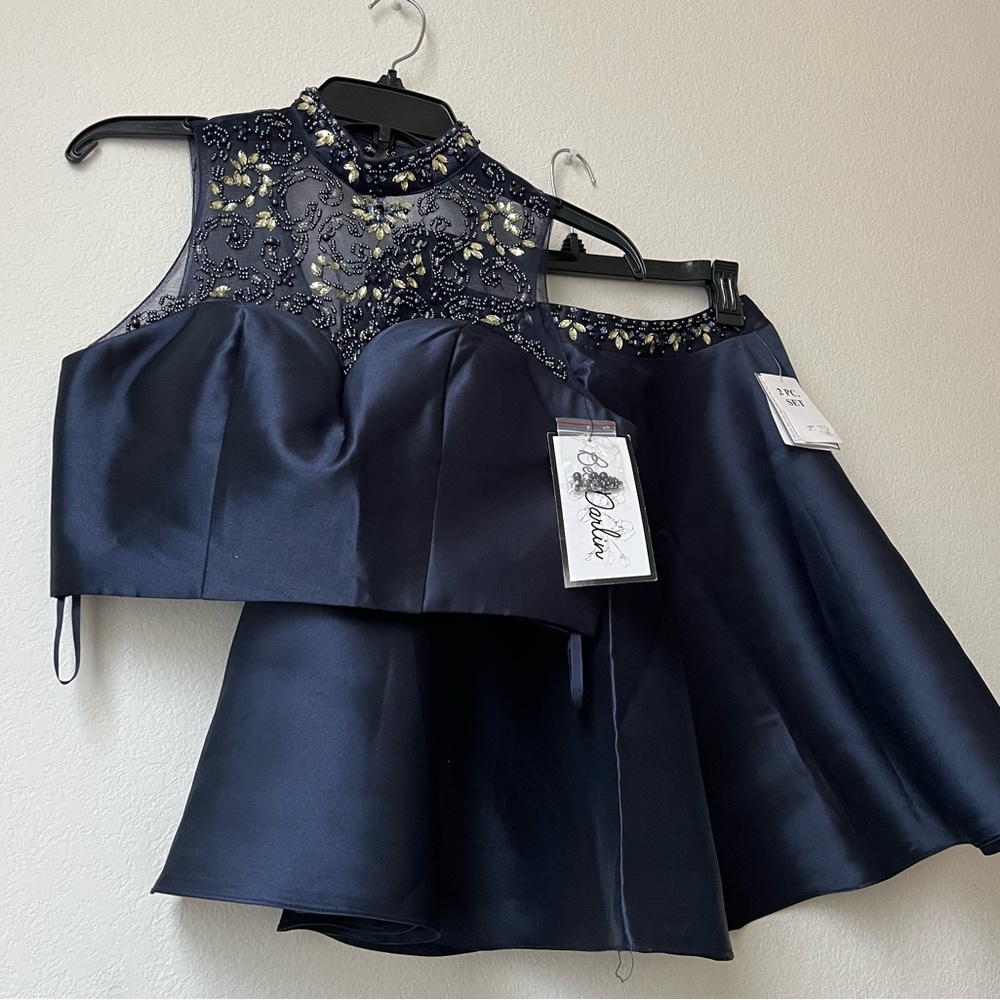 Navy Blue Fit & Flare Sleeveless 2 Piece Blouse & Skirt Junior Outfit Mock Neck